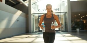 Person confidently walking into a bright, modern gym