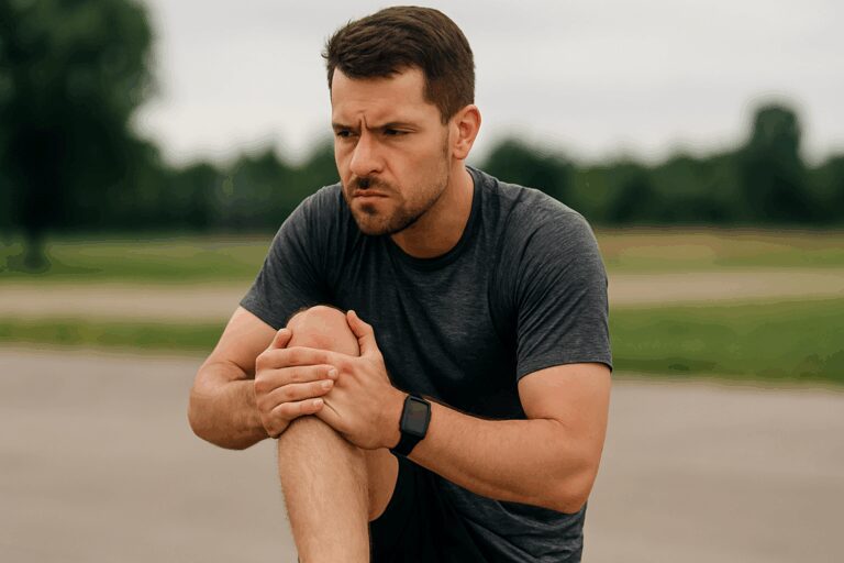 Person stretching injured knee with a determined look
