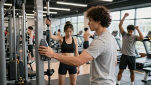 People exercising and tidying up in a gym