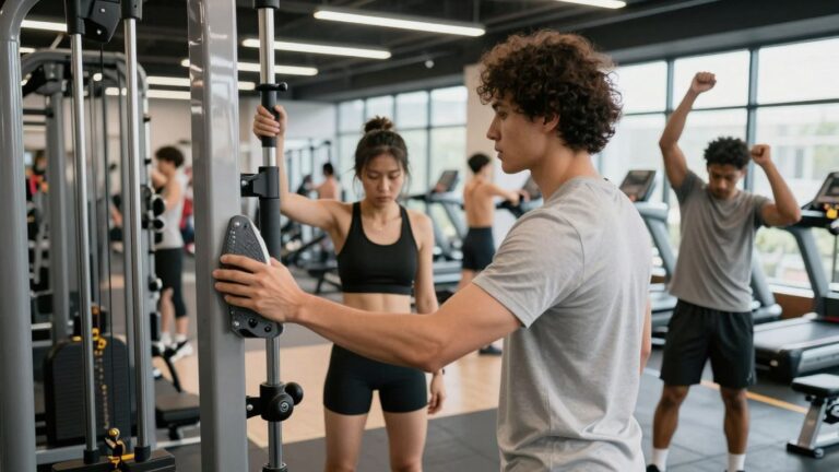 People exercising and tidying up in a gym