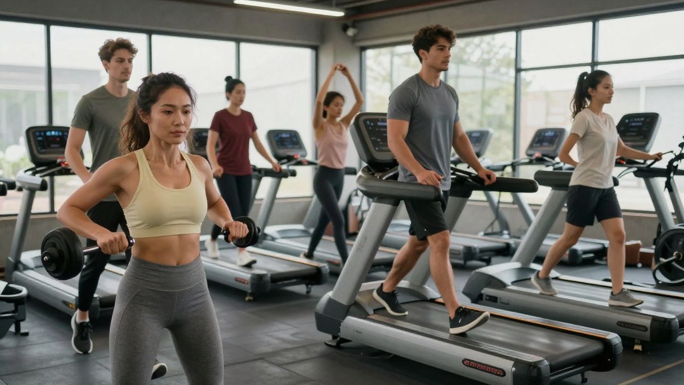 People exercising at a gym, lifting weights and running.