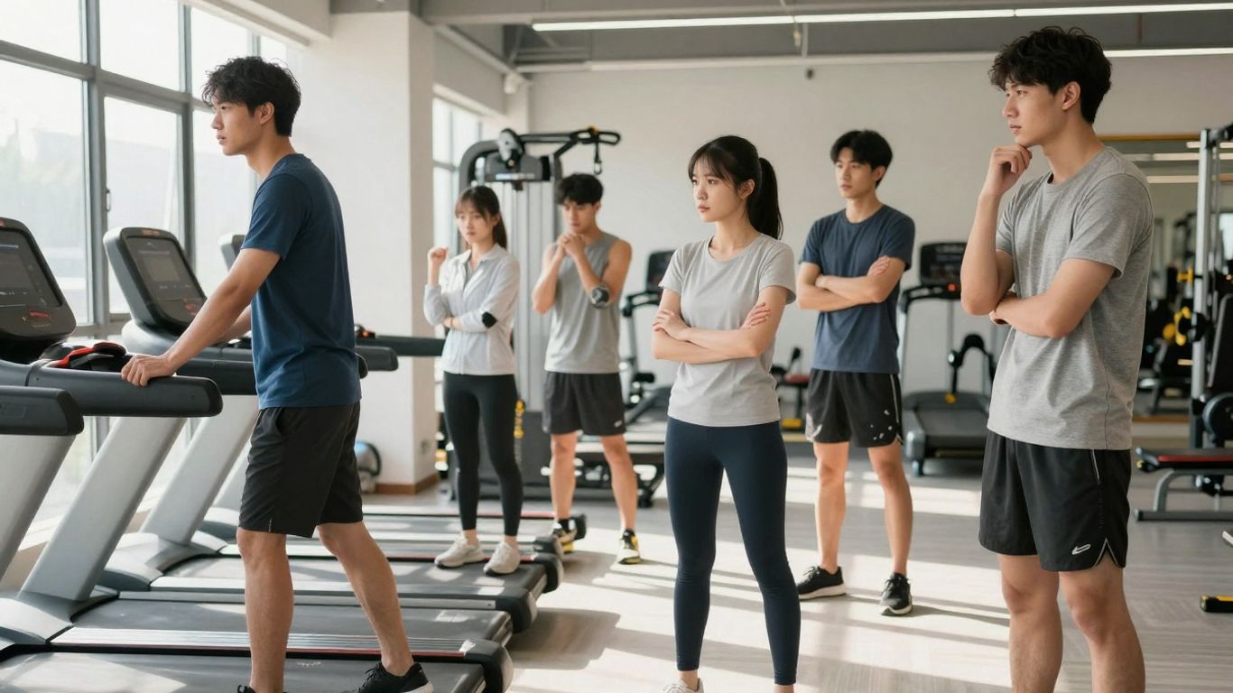 Beginners stretching and looking at gym equipment on their first day.
