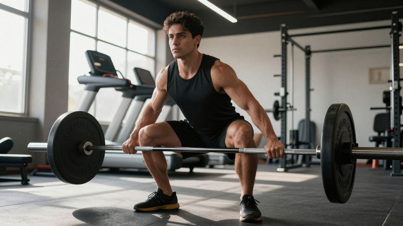 Beginner performing a gym squat with a barbell.